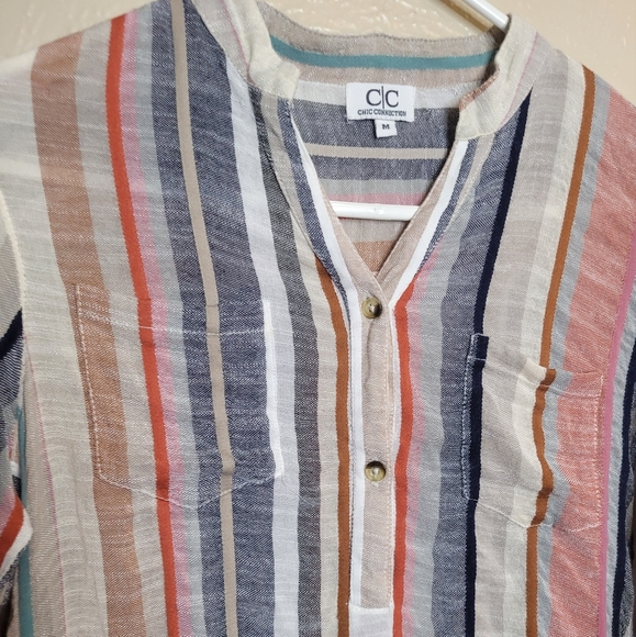 Chic Connection Striped Shirt Womens Size Medium Roll Tab Sleeves - Picture 6 of 9
